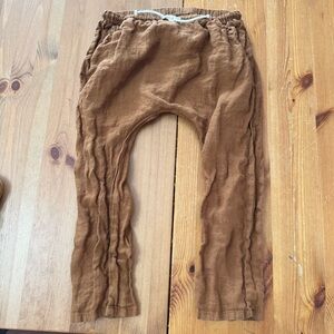 Simple Folk Organic Linen Brown Tan Trousers U Shaped Boho Crunchy Tie Waist 5-6